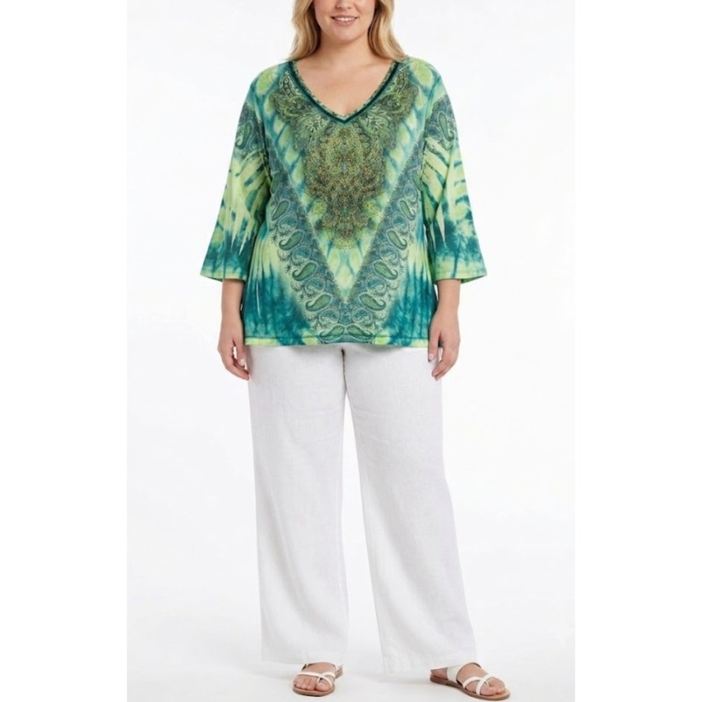 Avenue Top size 18/20 Green Tie Dye Paisley Beaded V-Neck 3/4 Sleeve Blouse